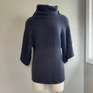 Dark gray blue 3/4 sleeve batwing turtleneck sweater